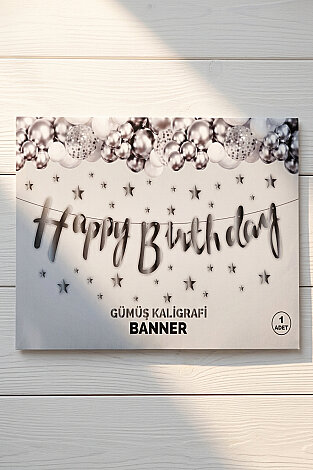 Happy Birthday Gümüş Kaligrafi Banner (Doğum Günü Parti Süsü) - Bimotif (1)