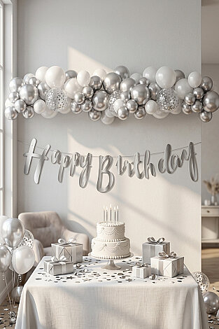 Happy Birthday Gümüş Kaligrafi Banner (Doğum Günü Parti Süsü) - Bimotif