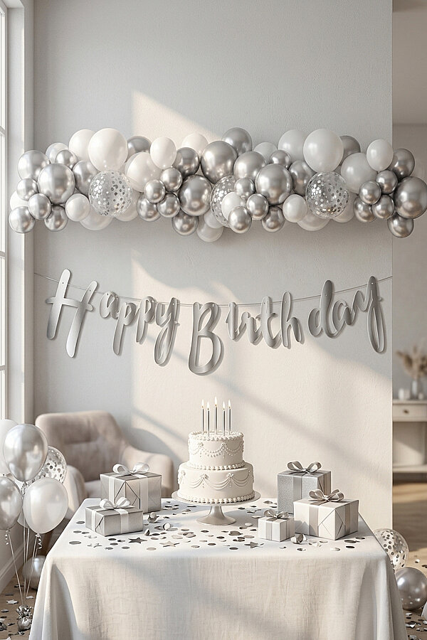 Happy Birthday Gümüş Kaligrafi Banner (Doğum Günü Parti Süsü) - 1