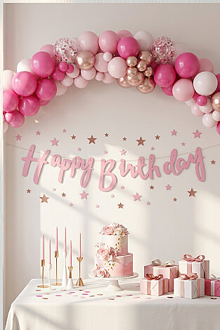Happy Birthday Pembe Kaligrafi Banner (Doğum Günü Parti Süsü) - Bimotif