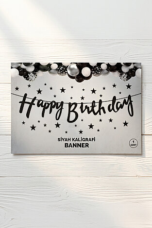Happy Birthday Siyah Kaligrafi Banner (Doğum Günü Parti Süsü) - Bimotif (1)