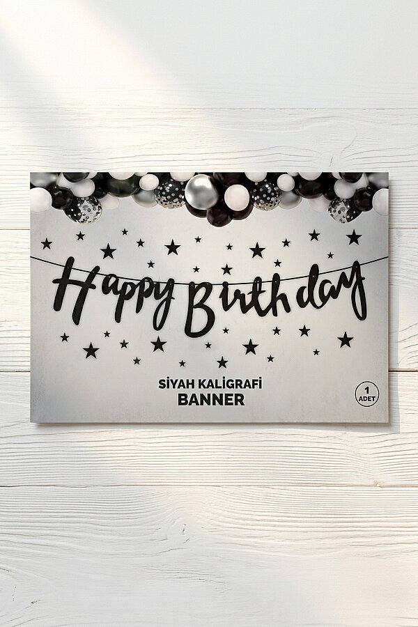 Happy Birthday Siyah Kaligrafi Banner (Doğum Günü Parti Süsü) - 2