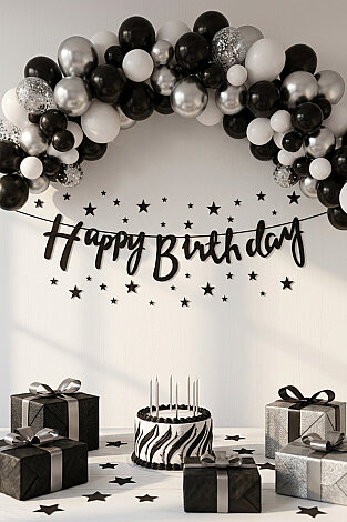 Happy Birthday Siyah Kaligrafi Banner (Doğum Günü Parti Süsü) - Bimotif