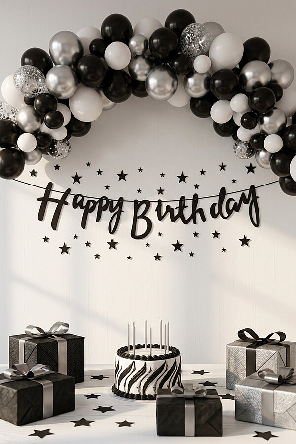 Happy Birthday Siyah Kaligrafi Banner (Doğum Günü Parti Süsü) - 1