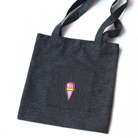 Ice cream, siyah poly-keten kumaş çanta, 35x40 cm - Bimotif (1)