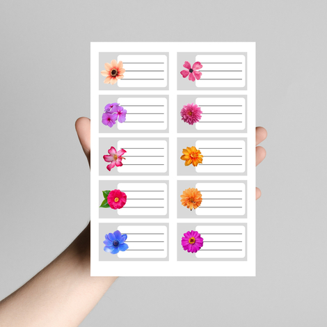 İsimlikli renkli çiçekler okul etiketi / stickerı, 6.4x3.5 cm (2 sayfa) - Bimotif