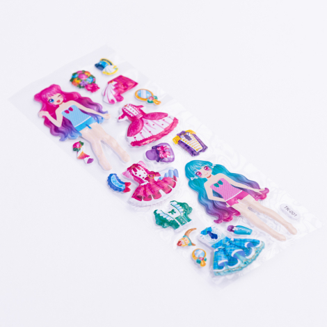 Kabartmalı yapışkan sticker, sevimli kız ve kıyafetleri, pembe-mavi / 10 sayfa - Bimotif