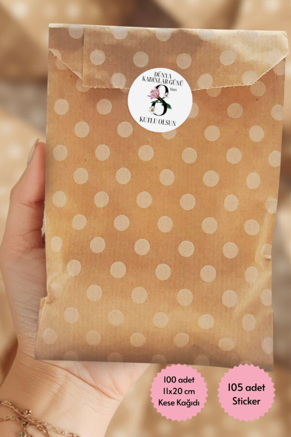 Kadınlar Günü hediye paketi seti, 100 adet kese kağıdı (11x20 cm), 105 adet sticker (4 cm) - 1