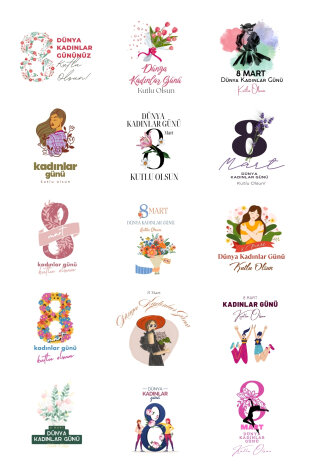 Kadınlar Günü sticker seti, 4x4 cm, 150 adet (10 Sayfa) - Bimotif