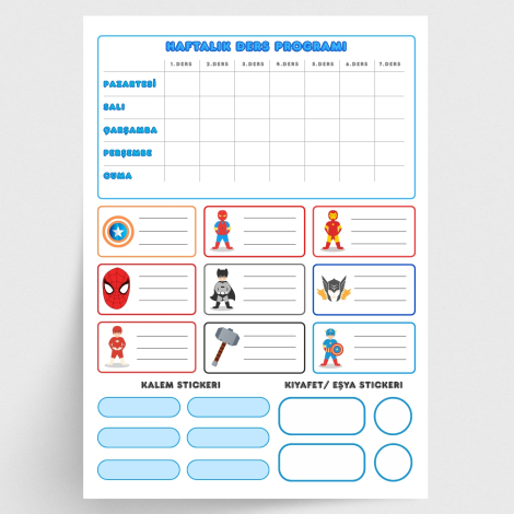 Kahraman figürlü isimlik, ders programı, kalem ve eşya sticker seti, mavi / 10 sayfa - Bimotif
