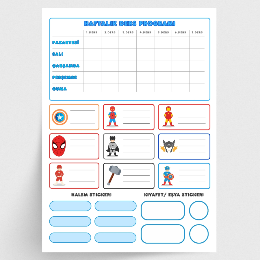 Kahraman figürlü isimlik, ders programı, kalem ve eşya sticker seti, mavi / 10 sayfa - 1