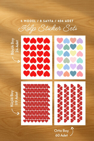 Karışık kalpli sticker seti (4 model, 8 sayfa, 454 adet) planner, paketleme için kalp sticker seti - Bimotif