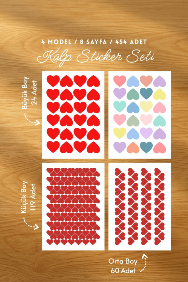 Karışık kalpli sticker seti (4 model, 8 sayfa, 454 adet) planner, paketleme için kalp sticker seti - 1