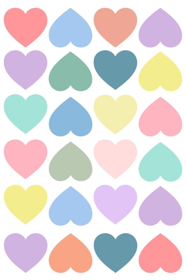 Karışık pastel renkli kalp sticker, 4x4 cm, 480 adet (20 sayfa) - 1