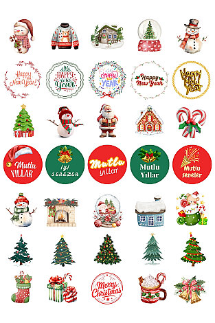 Karışık Yılbaşı Sticker Seti - 35 çeşit (1 sayfa) - Kardan Adam, Çam Ağacı, Yılbaşı Figürleri - Bimotif