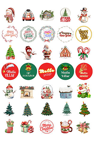Karışık Yılbaşı Sticker Seti - 350 adet (10 sayfa) - Kardan Adam, Çam Ağacı, Yılbaşı Figürleri - Bimotif