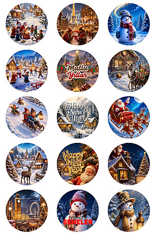 Karışık Yılbaşı Sticker Seti, Büyük Boy (4cm) - 15 çeşit (1 sayfa) - Yılbaşı Figürleri - Bimotif