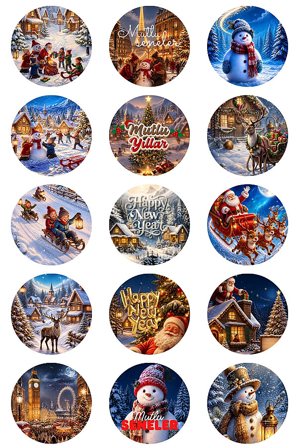 Karışık Yılbaşı Sticker Seti, Büyük Boy (4cm) - 15 çeşit (1 sayfa) - Yılbaşı Figürleri - 1