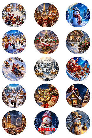 Karışık Yılbaşı Sticker Seti, Büyük Boy (4cm) - 150 adet (10 sayfa) - Yılbaşı Figürleri - Bimotif