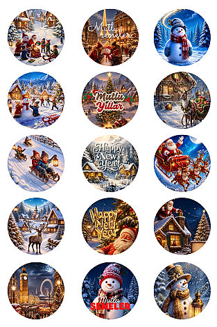 Karışık Yılbaşı Sticker Seti, Büyük Boy (4cm) - 300 adet (20 sayfa) - Yılbaşı Figürleri - Bimotif