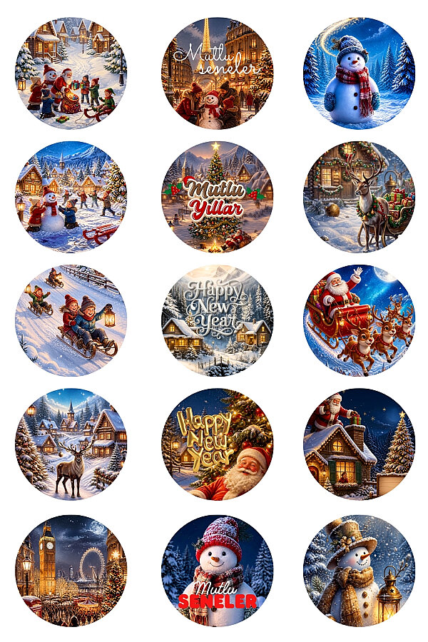 Karışık Yılbaşı Sticker Seti, Büyük Boy (4cm) - 300 adet (20 sayfa) - Yılbaşı Figürleri - 1