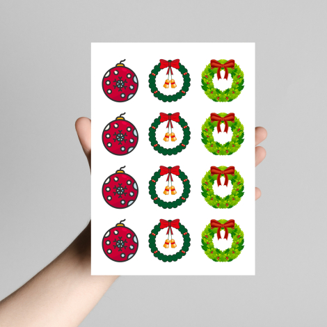 Karışık yılbaşı süsleri sticker, seti 12 adet (1 sayfa) - Bimotif