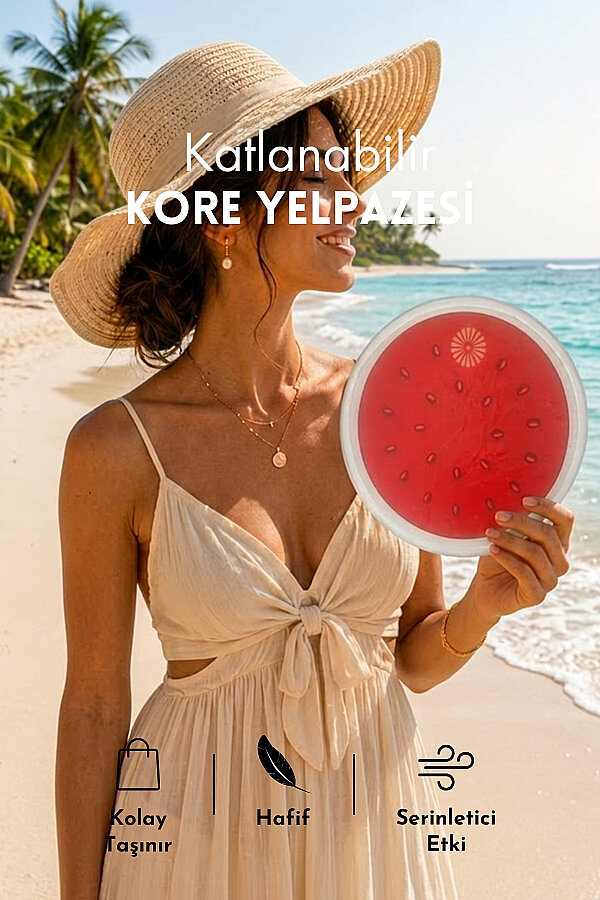 Katlanabilir Kore Yelpazesi, 25cm Çantalı Kolay Taşınabilir Serinletici Yelpaze (Karpuz Dilimi) - 1