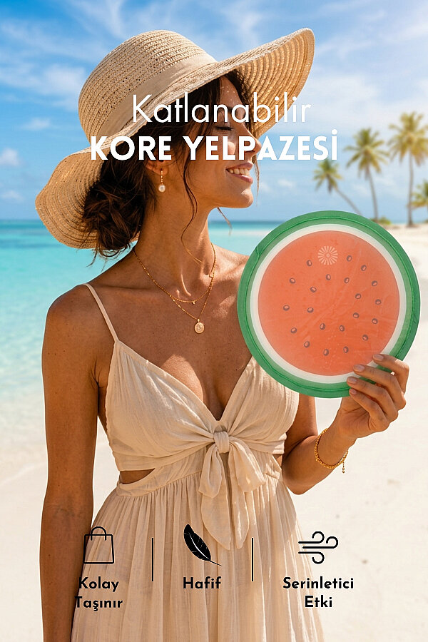 Katlanabilir Kore Yelpazesi, 25cm Çantalı Kolay Taşınabilir Serinletici Yelpaze (Karpuz) - 1