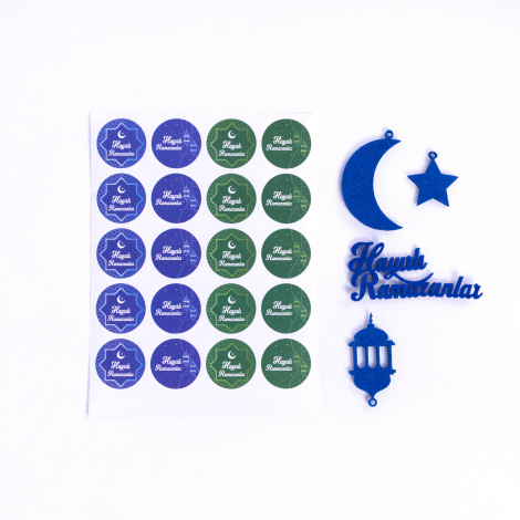 Saks mavi keçe süs ve Hayırlı Ramazanlar sticker seti / 5 parça - Bimotif