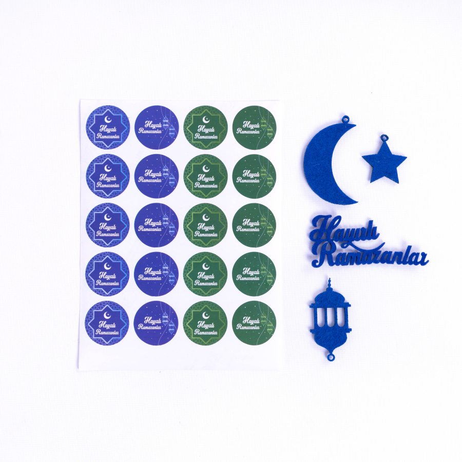 Saks mavi keçe süs ve Hayırlı Ramazanlar sticker seti / 5 parça - 1