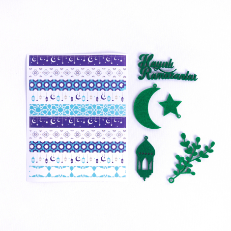 Yeşil keçe süs ve Ramazan motifleri bant sticker seti / 6 parça - Bimotif