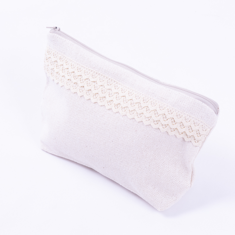 Cendere kumaştan dantel şerit detaylı krem makyaj çantası - 1