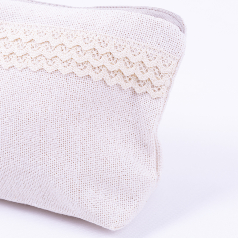 Cendere kumaştan dantel şerit detaylı krem makyaj çantası - Bimotif (1)