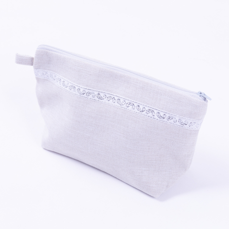 Poly keten kumaştan gümüş şerit detaylı gri makyaj çantası - Bimotif