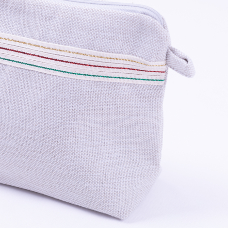 Poly keten kumaştan karma simli şerit detaylı gri makyaj çantası - Bimotif (1)