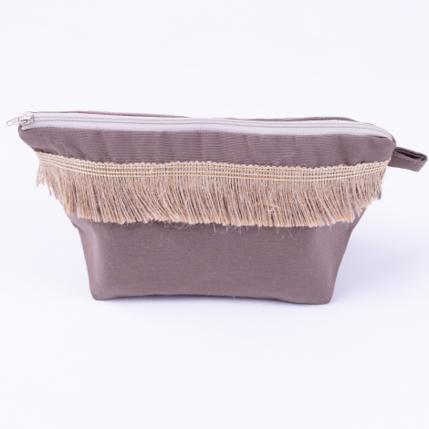 Su ve leke tutmaz duck kumaştan jüt dantel şerit detaylı koyu kahve makyaj çantası - Bimotif