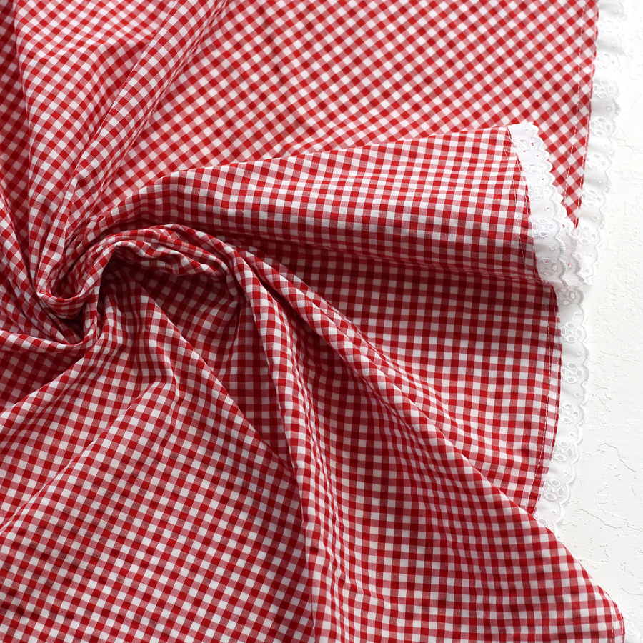 Kırmızı kareli kumaş, kenarı fistolu yuvarlak masa örtüsü / 150 cm - 3