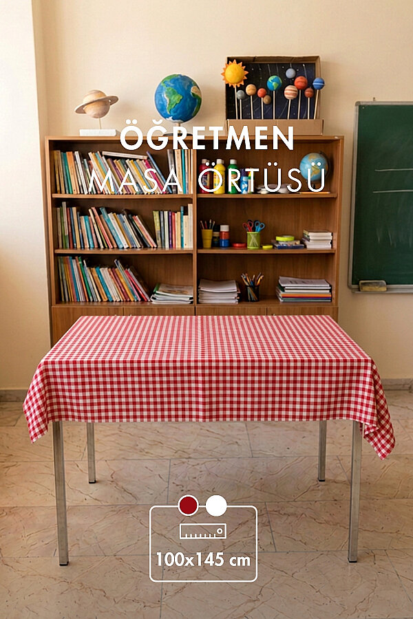 25'li Lastikli Okul Sıra Örtüsü (110x40 cm) + Öğretmen Masa Örtüsü (145x100 cm) - Kırmızı Pötikare - 2