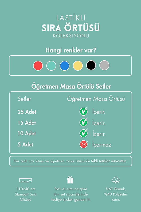 1 adet Lastikli Okul Sıra Örtüsü (Pamukludur) 110x40 cm - Kırmızı - 3