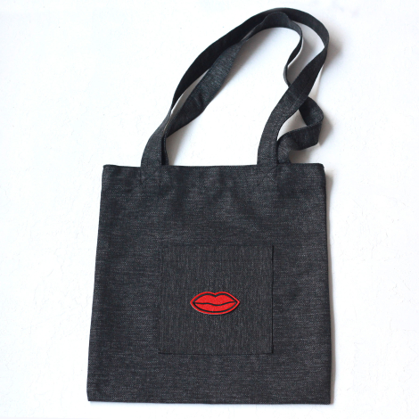 Lips, siyah poly-keten kumaş çanta, 35x40 cm - Bimotif