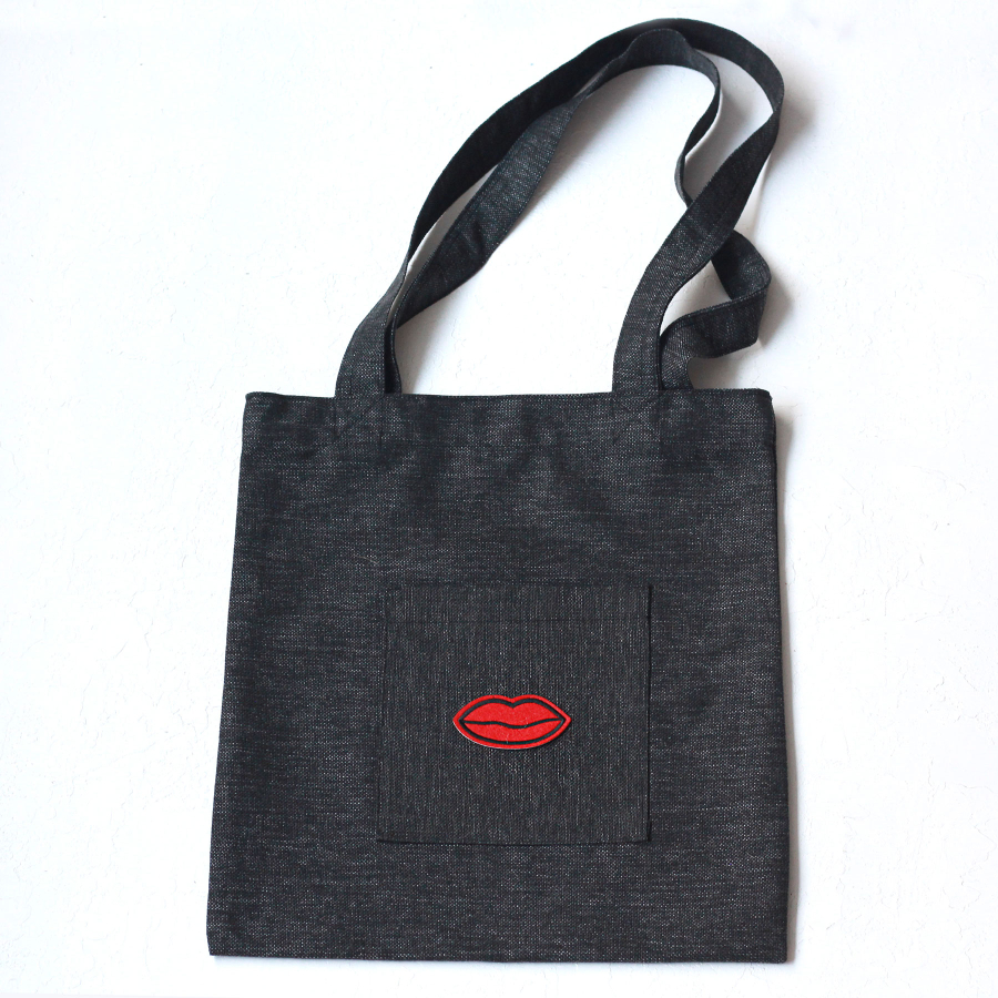 Lips, siyah poly-keten kumaş çanta, 35x40 cm - 1