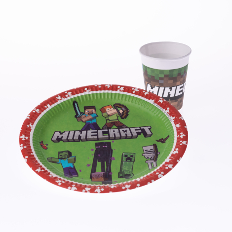 Minecraft temalı 2 parça parti seti / Tabak, Bardak / 4er adet - Bimotif