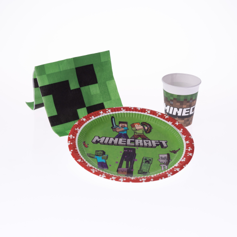 Minecraft temalı 3 parça parti seti / Tabak, Bardak, Peçete / 4er adet - Bimotif