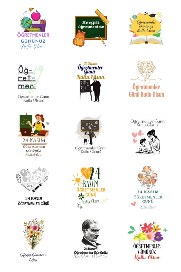 Öğretmenler Günü sticker seti, 4x4 cm, 15 çeşit (1 Sayfa) - 1