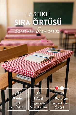 10'lu Lastikli Okul Sıra Örtüsü (110x40 cm) + Öğretmen Masa Örtüsü (145x100 cm) - Kırmızı Pötikare - Bimotif