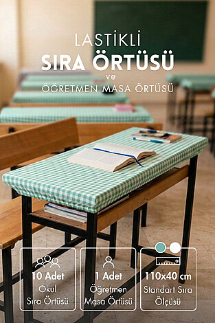 10'lu Lastikli Okul Sıra Örtüsü (110x40 cm) + Öğretmen Masa Örtüsü (145x100 cm) - Mint Pötikare - Bimotif