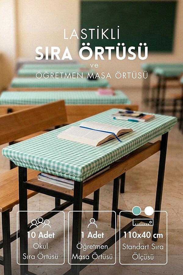 10'lu Lastikli Okul Sıra Örtüsü (110x40 cm) + Öğretmen Masa Örtüsü (145x100 cm) - Mint Pötikare - 1