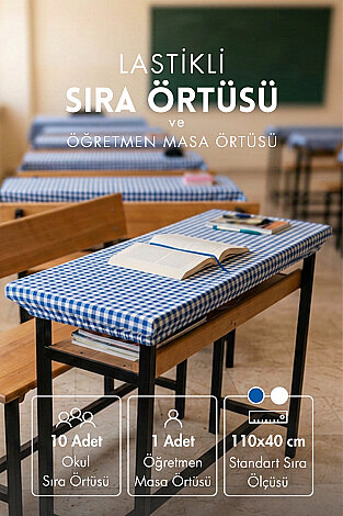 10'lu Lastikli Okul Sıra Örtüsü (110x40 cm) + Öğretmen Masa Örtüsü (145x100 cm) - Mavi Pötikare - Bimotif