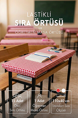 15'li Lastikli Okul Sıra Örtüsü (110x40 cm) + Öğretmen Masa Örtüsü (145x100 cm) - Kırmızı Pötikare - Bimotif