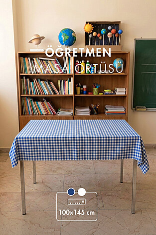 15'li Lastikli Okul Sıra Örtüsü (110x40 cm) + Öğretmen Masa Örtüsü (145x100 cm) - Mavi Pötikare - Bimotif (1)